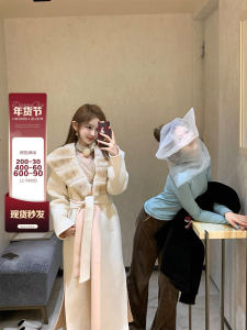 Double-Faced Woolen Coat DoggyQin Osaka Luxury Rabbit Fur Collar 100 Woolen Double-Color Tweed Womens Long Jacket