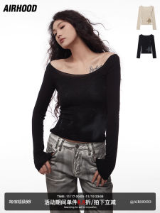 Áo Thun Nữ Dáng Ôm Tay Dài Vai Một Bên Hông Mùa Xuân Hè AIRHOOD Áo Thun Ngắn Cổ Chữ U Thường Ngày Bằng Polyester