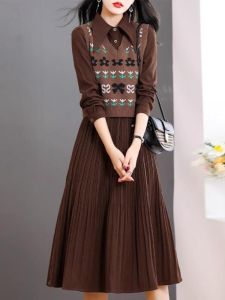 MAIMEI | Elegant Long Sleeve Dress Set Womens Fashion High Waist A-Line Skirt Polo Collar Polyester Fiber Autumn Spring Collection