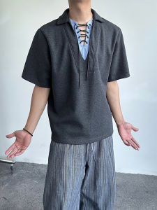 Áo Thun Nam Tay Ngắn Mùa Hè 2025 Phong Cách Hàn Quốc Cổ Chữ V Thắt Nút Giản Dị Thời Trang Thường Ngày Mùa Hè Tay Ngắn