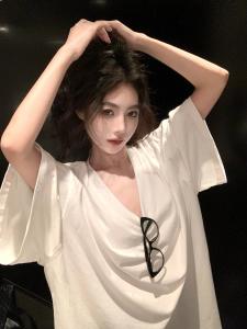 Loose Womens Mid-Length V-Neck Short-Sleeve T-Shirt Summer Casual Straight Cut Heavyweight Shoulder-Length Top Lazy Style