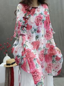 Retro Mid Length Long Length Cotton and Linen Print Shirt Womens Summer Diagonal Button Split Zen Improved Tea Clothes Linen Tops