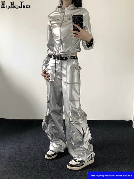 Hip Hop Jazz | Hip Hop Jazz Dance American Style Silver Shiny Leather Jacket And Pants Set