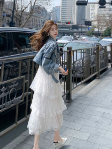 Fashionable Denim Set Womens Jacket And Dress Combo Youthful Long Skirt Two-Piece Suit Polo Collar Button Detail Short Length