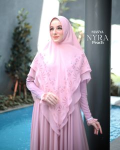 Set Gamis Dress Ceruty Babydoll Printing Premium Syari Branded Broken White - Pink - Coklat Tua - Ungu Lavender - Olive - Black - Peach - Plum - Brown Mewah Masya Syari Terbaru Nyra MADENIA SYARI By MASYA