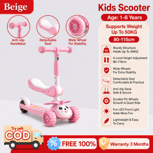 Beige Kids Scooter Adjustable Height Flash Foldable Scooter Three-wheeled Scooter Toys BoyGirl Birthday Gift