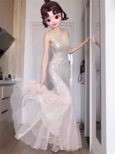 Elegant White Sequin Evening Dress Womens High-End Luxury Tailored Fish Tail Gown Birthday Party Celebration Cocktail Dress