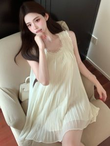 GUZILIAN | French Style Sleeveless Vest Dress Women Summer Mesh Splice Chiffon Skirt Gentle Loose A-Line Short Skirt High Waist Pleated