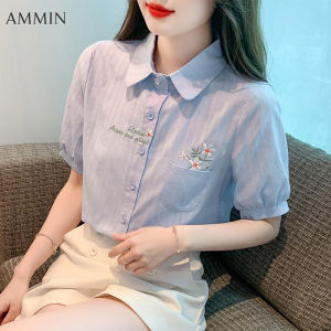 Ammin phong cách hàn quốc nhỏ thời trang họa tiết tươi sáng mô hình thêu áo sơ mi trắng mùa hè ngắn tay đô thị mới cổ áo trắng kết cấu cảm giác ren sang trọng thêu ngọn