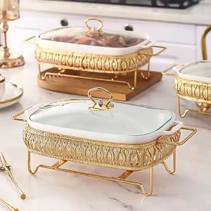 Kitchen Plus White and Gold Rectangular Food Buffet Warmer Ceramics Chafing Dish KP406