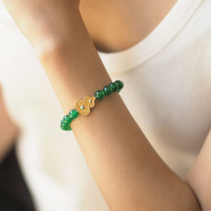 Natural Green Agate Beaded Bracelet Chinese Style Feng Shui Lucky Charm Frosted Gold Enamel Hand Jewelry for Women