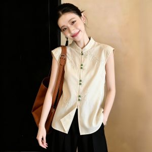 SHUAIYUE | Áo Blouse Đứng Cổ Màu Be Thêu Hoa Văn Mới Kiểu Trung Quốc