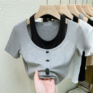 Sweet And Spicy Girl Pure Desire Short Sleeve T-Shirt with Strap Womens Slimming Top Summer New Design Commute Style Square Collar