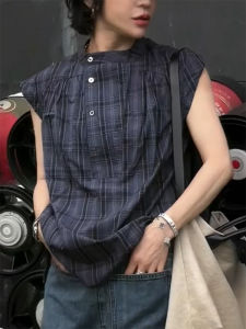 QINGNAER | Japanese Retro Minimalist Versatile Gingham Color Block Buttoned Collar Short Sleeve Shirt