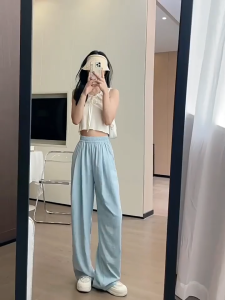 S-XL Straight-leg Trousers High Waist Garterized Casual Pants
