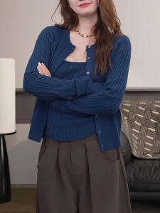 QINGNAER | Slimming Long Sleeve Blue Short Cardigan Set