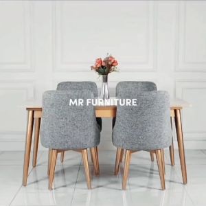 Set Meja Makan Top Marmer Krem Kaki Kayu Kursi Empat