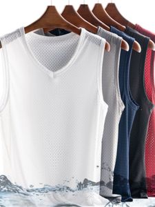 Cool Lightweight Breathable Ice Silk Slim Fit Sleeveless V-Neck Mesh Vest Quick Dry Hollow out Design Casual Summer Tank Top