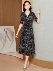 Elegant V-neck Long A-line Dress Butterfly Floral Print Slimming High Waist Summer New Arrival Womens Fashion Dress