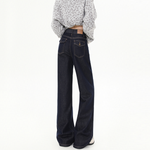 Winter 2025 Womens High Waist Wide Leg Jeans Loose Straight Floor Length Trousers American Style Cotton Denim Deep Color
