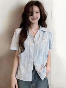 Plus Size Slimming Design Polo Collar Striped Short Sleeve Blouse