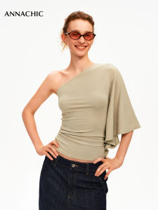 ANNACHIC | Áo Blouse Dáng Không Đều Một Bờ Vai Tùng Xòe Siết Eo Cổ Xéo Trễ Vai