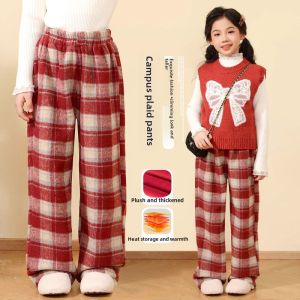 Girls Fleece Lined Wide Leg Pants Winter Wear Childrens Red Zodiac Woolen Plaid Trousers for Big Kids New Years Festive Clothes