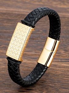 New Year Dragon Gold Great Wall Pattern Mens High Aesthetic Black Leather Rope Bracelet Wide Version Lucky Hand Rope