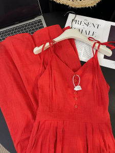 PAIBOLI | Large Size Vintage Red V-neck Strapless Gown Waist-cinching A-line Summer Dress Elegant French Retro Style Maxi Dress