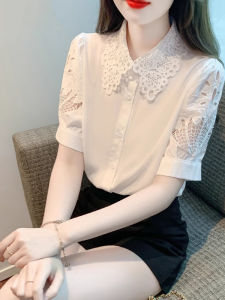 WANGGONGZHU | เสื้อเชิ้ตผ้าชีฟองผู้หญิงฤดูร้อนปี 2025 ทรงหลวมสไตล์เกาหลี แขนสั้น ปักลาย ดีไซน์เก๋ไก๋ เสื้อผ้าทำงาน