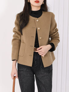 Classic Style Double-Sided Wool Overcoat Womens Short Low round Neck Single-Breasted Hand-Stitched Woolen Coat Woolen Coat