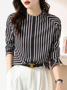 Fashionable Striped Womens Long Sleeve Shirt Slimming Style Polyester Fiber Loose Fit round Neck Casual Breathable Shirt