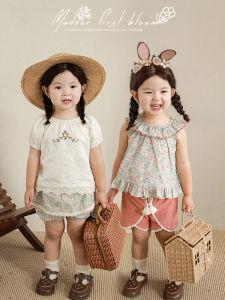 Baby Girls Summer Sleeveless Floral Embroidered Collar Shorts Set Vintage Tassel Split Cotton Blend Fabric Casual Style Outfit