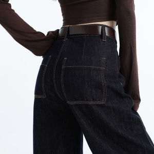 QIAOMIDUO | High Waist Wide Leg Denim Jeans Womens Small Size Non-Fading Autumn Winter Deep Blue Cotton Polyester Viscose Blend Trousers