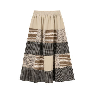 NIHAOKANONG | Chân Váy Maxi A-Line Cao Waist Vintage Plaid Floral Knitted Patchwork Pháp Elegance