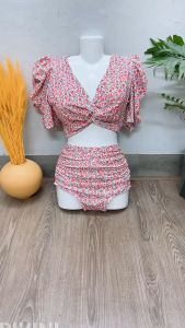 Bikini đi biển hai mảnh tay bồng phối quần cạp cao hách dáng màu sắc tôn da che khuyết điểm kín đáo