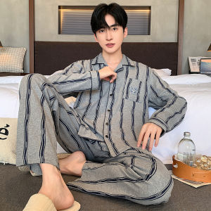 Long Sleeve Pure Cotton Sleepwear Set for Men Casual Home Clothes Autumn Winter Thickened Long Pants Square Collar Home Feeling