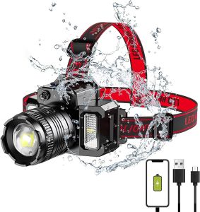 T8 F-T51 Head Lamp Senter Kepala LED Super Terang Induksi Sensor Gerak Zoom Rotating Dengan Lampu Samping 50W Senter Kepala LED Sensor Gerak Zoom Rotating With Side Light