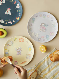 Blue Lotus Creative Childrens round Fruit Salad Plate Anti-Fall Bamboo Fiber Steak Plate Home Use Dining Tableware