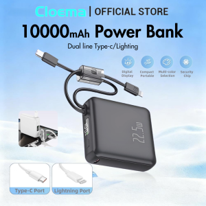 Cloema Powerbank Portabel 10000mah 22.5W Pengisian Cepat 2 Kabel Bawaan Tipe-C & Lightning Tampilan Digital Kotak tekstur halus Portabel Luar Ruangan untuk Ponsel