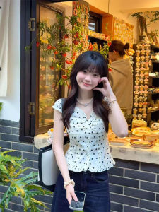 Vintage Polka Dot Full Print V-neck Puff Sleeve Slimming Summer Lace Trim Womens Blouse