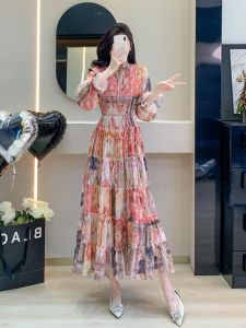 Retro Vintage Silk Print Maxi Dress with Oversized Hemline Elegant Chiffon Long Skirt for Women Spring Summer Autumn Fashion
