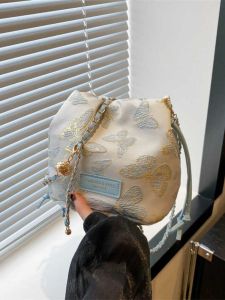 New Chinese Style Embroidered Bucket Bag Single Shoulder Crossbody Bag Hanfu Bag Chain Strap Small Size Soft Canvas Casual