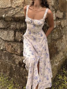 French Style Soft Cold Vintage Floral Waist Cinched Long Pure Desire Holiday Wind Strapless Dress with Side Slit A-Line Midi Dress