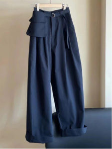 Deep Blue High Waist Wide Leg Loose Casual Pants Womens Versatile Drapey Floor-Length Workwear Trousers Korean Style Straight Leg