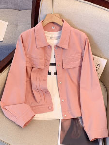 เสื้อแจ็คเก็ตยีนส์สั้นสีชมพูสำหรับผู้หญิง ทรงหลวม แขนยาว ทรงหลวม ปกเสื้อติดกระดุม เสื้อผ้าทำงาน ผ้าฝ้ายผสมโพลีเอสเตอร์