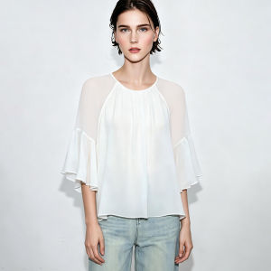 AMII | Elegant Commuter Style Round Neck Raglan Sleeve Flared Chiffon Blouse