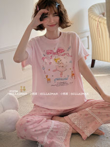 Bộ Đồ Ngủ Ren Hoa Dễ Thương Cho Bé Gái Mùa Hè Có Nơ Bướm Bộ Đồ Ngủ Cotton Dệt Kim Thoải Mái Cho Bé Gái