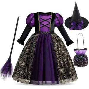 Trang Phục Phù Thủy Đen Cho Bé Gái Halloween Carnival Đảng Biểu Diễn Sân Khấu Dài Tay Giữa Bắp Chân Áo Choàng Phong Cách Châu Âu Trang Phục Trẻ Em 3-7 Tuổi