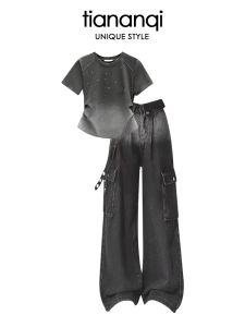 TIANANQI | Design Fashion Gradient T-Shirt and Pants Set High Waist Slim